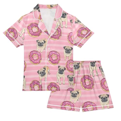 ALAZA Pug Dog Striped Donuts Pajamas Satin Pajama Set Short Sleeve Button Down Sleepwear