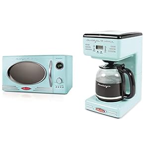 Nostalgia RMO4AQ Retro Large 0.9 Cu Ft, 800-Watt Countertop Microwave Oven, Aqua & RCOF12AQ New & Improved Retro 12-Cup Programmable Coffee Maker With LED Display,Blue