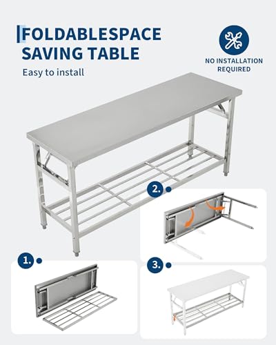 60 x 30 Inch Commercial Stainless Steel Folding Table with Undershelf, NSF Certified Heavy Duty Kitchen Workstation, Portable Prep Table with Removable Shelf for Restaurant, Catering, Garage, Home Use