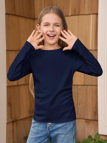 Image of Haloumoning Girls Long Sleeve Shirts Crewneck Ruched Side Slim Fit Tops Ribbed Knit Casual Tee Shirt 4-15 Years
