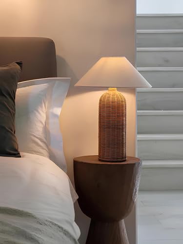 Image of AKWAY Bamboo Bedside Table lamp for Bedroom | Rattan Study Table lamp | Cane for Home Decoration | Wicker (Bulb not Included) (Brown) - Quana
