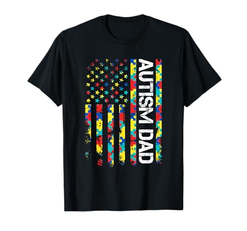 Autism Dad American Flag USA Autism Awareness Puzzle Men Kid T-Shirt