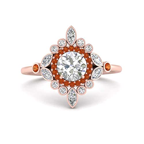 Image of 55Carat Choose Your Gemstone Round Halo Floral Engagement Ring Rose Gold Plated Round Shape Vintage Engagement Rings Everyday Jewelry Wedding Jewelry Handmade Gifts for Wife US Size 4 to 12