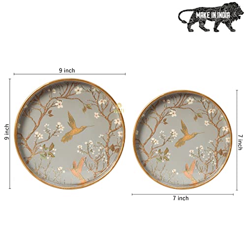 DULI Set of 2 MDF Wood Trays Enamel Coated| Round Trays Set of 2 | Serving Trays | Wooden Tray | Kitchen&Dining Decorative | Resin Tray | Handmade | 7x7 & 9x9 inches (Setof2Round: SilverGoldBirds)