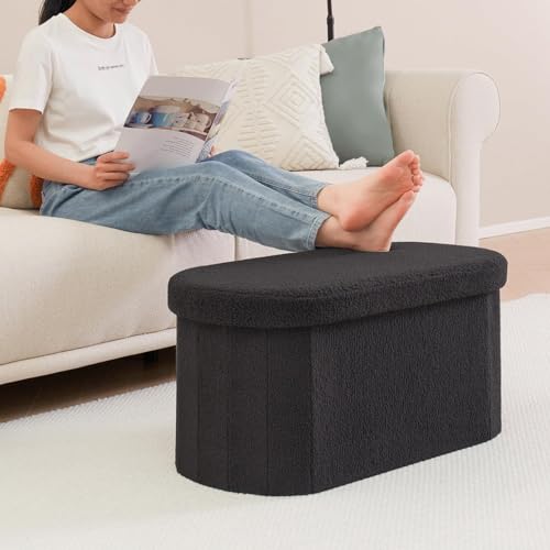 Image of B FSOBEIIALEO Ottoman with Storage for Living Room, Sherpa Folding Storage Ottoman Foot Rest, 30 Inches Collapsible Bedroom Bench Dark Grey