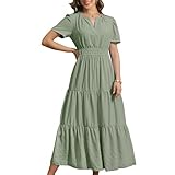 Rainday Womens Casual Maxi Dresses Fashion Holiday Short Sleeved Elastic Waist Beach Boho Dress with Pockets(Z3918GN,M)