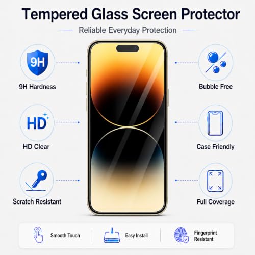 Image of Tempered Glass for iPhone 14 Pro | 9H Hardness Screen Guard | HD Clear Screen Protector | Bubble-Free Installation | Anti-Fingerprint | Smooth Touch | Case