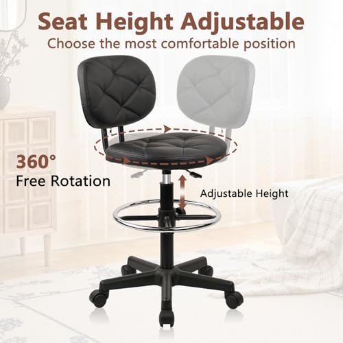 Image of KLASIKA PU Leather Rolling Bar Stool with Wheels and Back, Tall Drafting Stool with Adjustable Height and Footrest, Multi-Purpose Office Desk Chair for Home Kitchen Shop Work, Black (1PK)