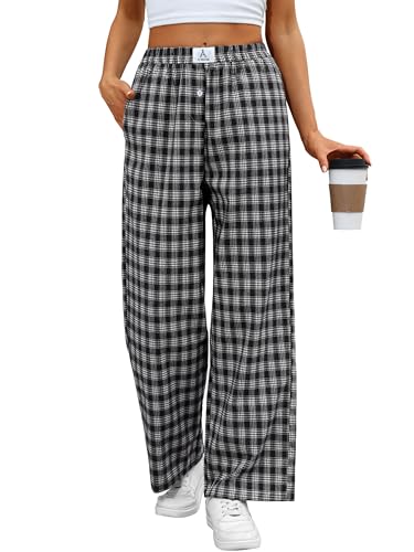 Image of ANRABESS Womens Gingham Striped Boxer Pants | 2026 Fall Outfits,Wide Leg Elastic Waist with Pockets,Casual Lounge Pajama Bottoms,Lightweight Breathable,Fashion Clothing
