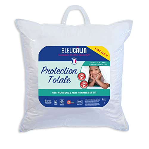 Bleu Câlin Lot de 2 Oreillers Anti-Acariens, Anti punaises, Confort moelleux, 60 x 60 cm, Enveloppe 100 pour cent microfibre, gamme Protection Totale, Blanc, 2 Unité (Lot de 1)