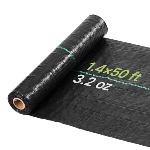 VEVOR Weed Barrier Fabric Heavy Duty, 1.4x50FT 3.2oz Landscape Fabric, Woven Weed Blocker Fabrics, Garden Fabrics Weeds Barrier, Weeds Control Ground Cover, Geotextile Webbing, Gardening Mat, Black