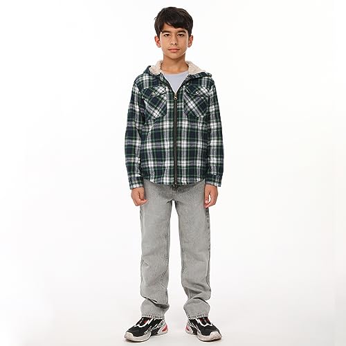 Image of ThCreasa Boys Plaid Flannel Jackets Sherpa Lined Zip Up Long Sleeve Warm Flannel Shirt with Hood