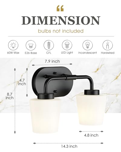 Image of 2-Light Black Bathroom Light Fixtures Over Mirror | Vanity Lighting Fixtures with Milk White Glass, Vintage Farmhouse Wall Sconces Lighting, AD-22004-2W-BK