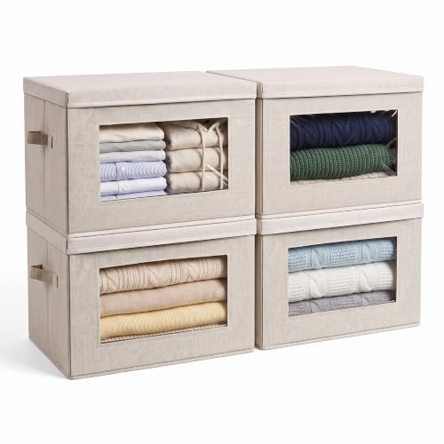Anywish 4-Pack 15" Fabric Storage Bins with Lids, Closet Organizers and Storage Boxes with Clear Window, Foldable Clothes Baskets for Blankets, Beige