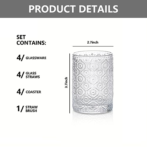 Insetlan Glass Cups Vintage Glassware Set Of 4, Embossed Pattern Style Transparent Cocktail Glasses Set With Straw And Coaster, Romantic Water Glasses, Bar Beverages Ice Coffee Cup Juice (Small) #TOP1