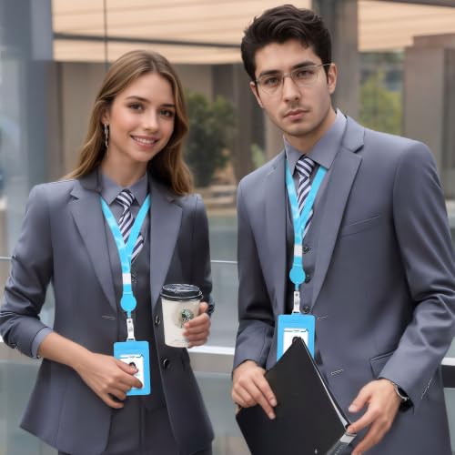 Image of Conisy ID Badge Holder with Retractable Lanyard, Vertical PU Leather ID Badge Card Holder with 2 Card Slots for Women Men (ID Badge Holder SkyBlue)