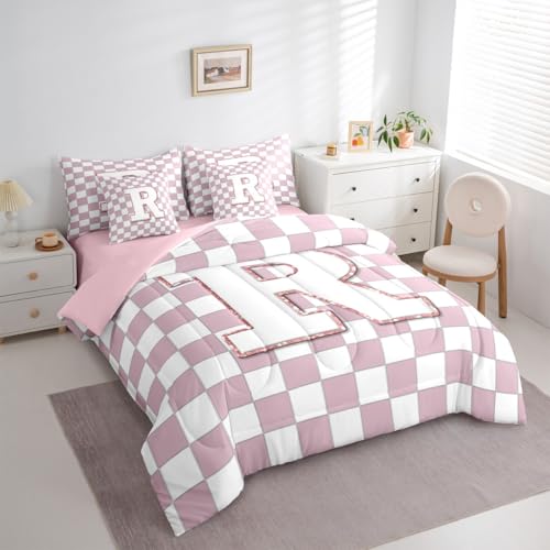 Image of Erosebridal Pink Initial R Queen Bed in A Bag 7 Piece Kawaii Plaid Checkered Comforter Set with Sheets Cute Personalized Monogram Bedding Sets for Kids Girls Teen Women,Fashion Grids Gingham Bed Set