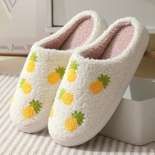Fuzzy Cute Fruit Slippers for Women with Thick and Soft Plush Fleece Winter House shoes (Pinapple,11-11.5,11,11.5)2