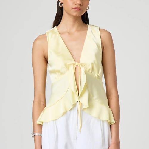 Women Fashion Satin Vest Sleeveless Lace Up Front Ruffle Hem Tank Top Solid Color Tie Camisole Going Out Top2