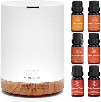 ASAKUKI 300ML Essential Oil Diffuser with Warm Bliss 6 * 10ml Essential Oil Blends Set for Holiday& Christmas