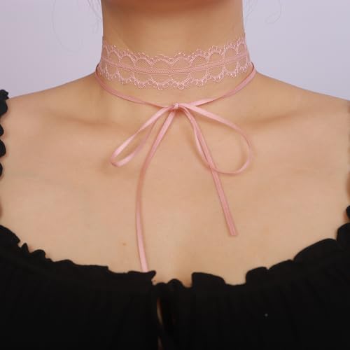 Vintage Lace Bow-knot Collar Choker Necklace - Gothic Lace Pattern - Halloween Costume for Women (Pink)2