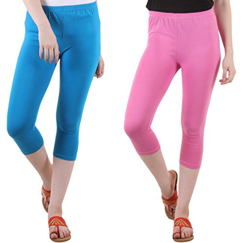 Image of DIAZ Women Cotton Stretchable Capri | Slim /Regular Fit | Breathable Yoga, Gym & Lounge Wear | High-Waist Stretchable 3 /4 Length Leggings with Wide Waistband - Pack of 2