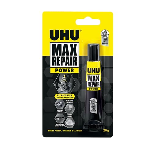 UHU Max repair power - Colle Extra-Forte et Flexible - Universelle Tous Supports: Chaussures, Caoutchouc, Cuir - Résiste à l'Humidité et -40°C à +120°C - Sans solvant - Transparente - Tube 20 g