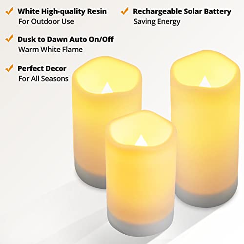 NURADA Large Outdoor Solar Powered Candles - Flameless Pillar Waterproof Rechargeable Candle Set, White Resin, LED Light,Rechargeable Solar Battery Included, for Patio Decor, 3.25"x4"5" 6" - Image 4