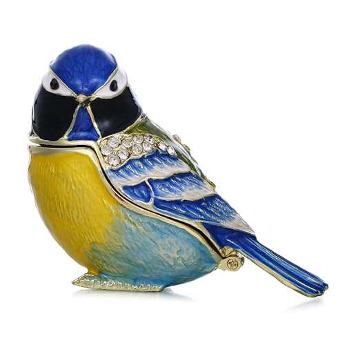 Vie jeune Hand Painted Trinket Box for Home Decor Accents, Enamel Hinged Jewelry Box for Bookshelf Office Table Desk Decoration, Classical Figurine Collectible Keepsake Animal Sculptures (Blue Jay)