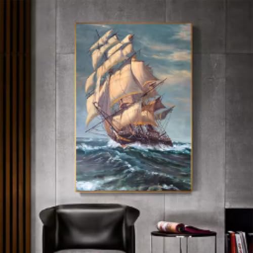 Peinture à l'huile sur toile de bateau rétro nordique, affiches de paysage marin, paysage de voilier, images d'art mural pour la décoration de la maison,...
