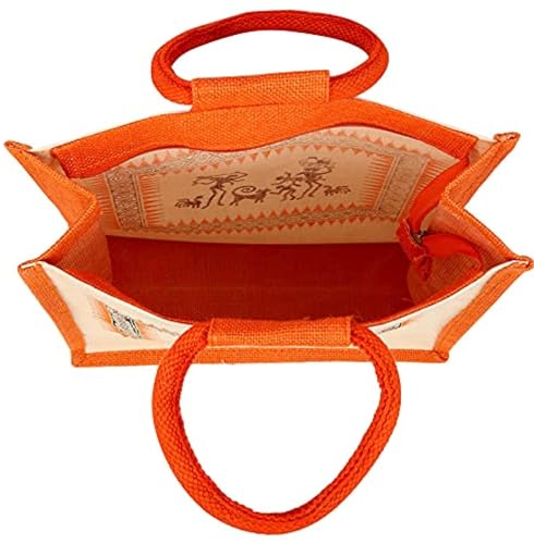Image of Eco-Friendly Jute Bag | Printed Tiffin /Shopping /Reusable Hand Bag | With Zipper Pocket & Handle | For Men and Women (Orange)
