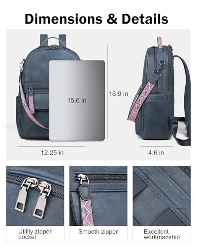 FADEON 15.6 inch Leather Laptop Backpack Purse for Women, Designer Travel PU Backpack with Laptop Compartment for Work Blue4