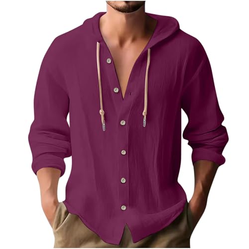 Linen Shirt Men 2025 Casual Hoodie Long Sleeve Button Down Tops Lightweight Beach Vacation Travel Hawaiian Shirts