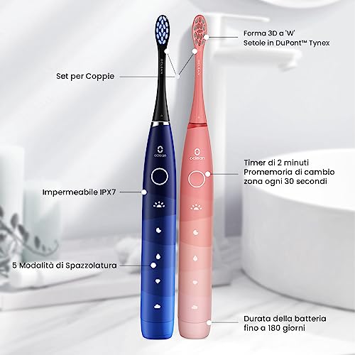 Oclean Find Duo Set (2x Spazzolini Elettrici Sonici), 5 modalità con sbiancamento, durata batteria 180 giorni, timer 2 min con avviso ogni 30s, impermeabilità IPX7, Twin Pack Set- Rosso e Blu - 6