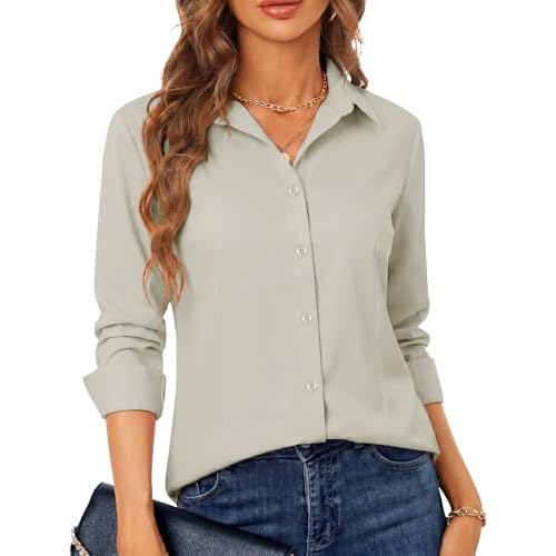 BBIBBI Regular, Petite & Tall XS-6XL Women's Stretch Long Sleeve Button Down Dress Shirts Solid Business Casual Work Blouse Small 00055_tan