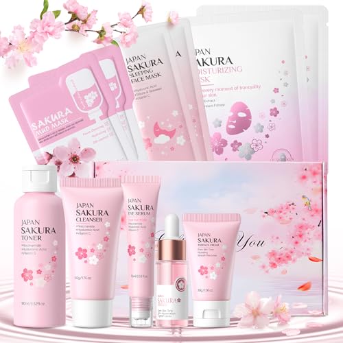 Skincare Coreano Kit, Sakura Set de Cuidado de la Piel, Skincare Set con Limpiador Facial, Tónico Hidratante, Suero, Crema para Ojos, Crema, Mascarilla Hidratante,11 Piezas