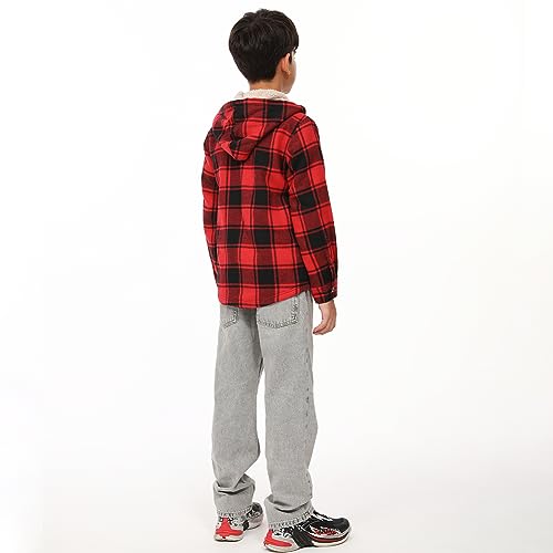 Image of ThCreasa Boys Plaid Flannel Jackets Sherpa Lined Zip Up Long Sleeve Warm Flannel Shirt with Hood