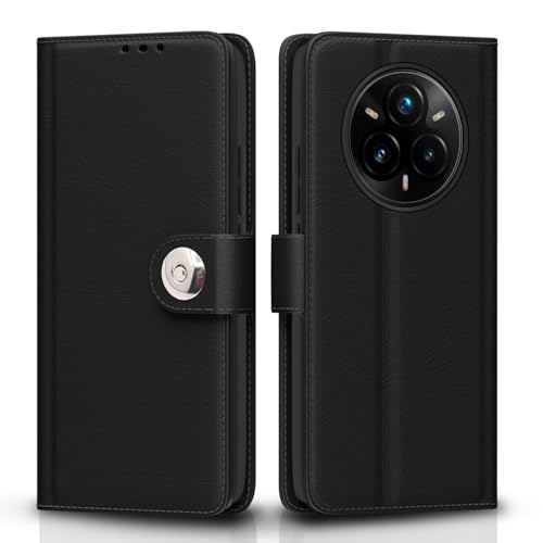 Image of Pikkme Flip Cover for Realme 14 Pro Plus 5G Leather Finish | Inside TPU with Card Pockets | Wallet Stand and Shock Proof | Complete Protection Button Flip Case(Black)