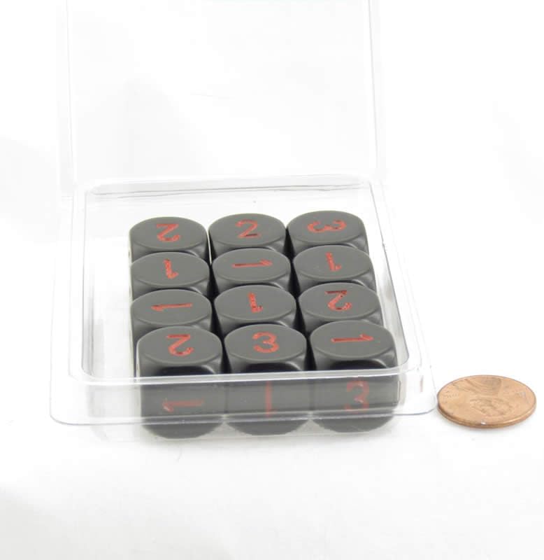 Black Opaque Dice with Red Numbers D3 (d6 1-3 Twice) 16mm (5/8in) Pack of 12 Wondertrail
