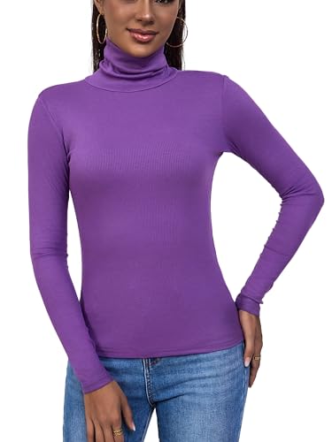 Purple Ribbed Turtle Neck Tops for Women(Purple X-Small) at Amazon