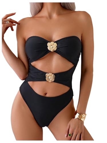 Milumia Women's 3D Floral Cut Out Bandeau Swimwear Sexy Strapless One Piece Swimsuits