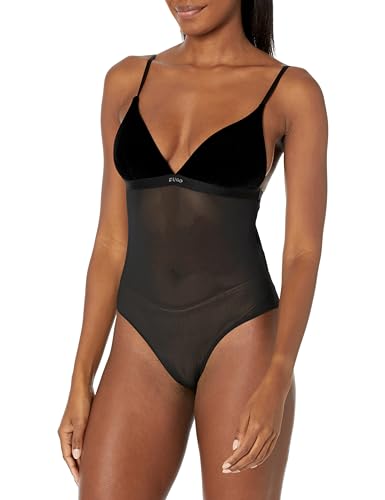 HUGO Velvet Bodysuit noir col montant et mesh transparent pour femme