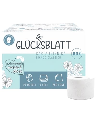 Glücksblatt Scatola di Carta Igienica, 3 Strati, 27 Rotoli x 250 Fogli, 100% Cellulosa, Confezione Grande, Super Morbida, Cartone Riutilizzabile