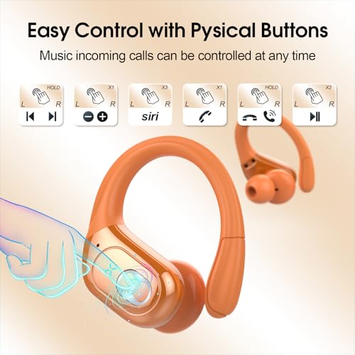 Image of Wireless Earbuds 75hrs Bluetooth 5.4 Headphone Sport, 2026 Bluetooth Earbuds Hifi Stereo Over Ear Bud with Earhooks, ENC Noise Cancelling Mic, IPX7 Waterproof Earphone for Gym /Workout, Cosmic Orange