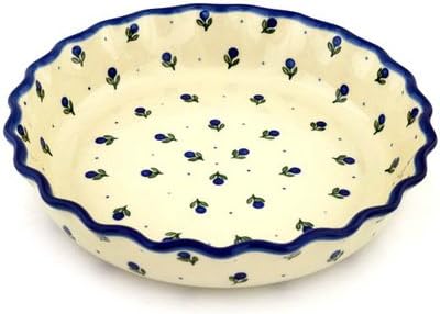 Polmedia Polish Pottery Fluted Pie Dish - Blue Buds Pattern Handmade in Boleslawiec Poland by Ceramika Artystyczna + Certificate of Authenticity