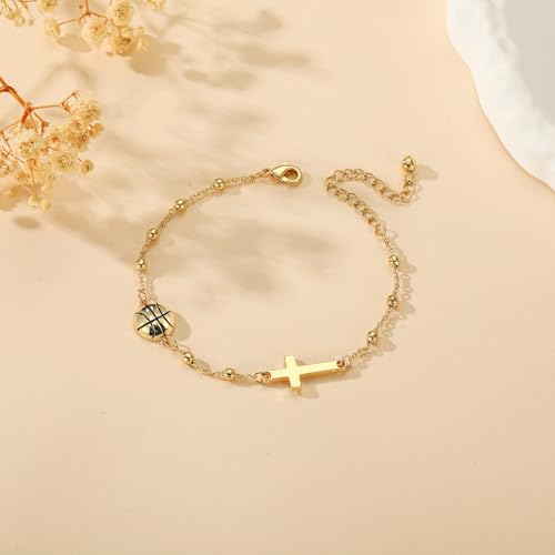 Image of Softball /Volleyball /Soccer /Basketball Football Bracelet for Girls Women, 14K Gold Plated Cross Link Chain Sport Accessories Christian Jewelry Gifts for Teens Team Coach Players