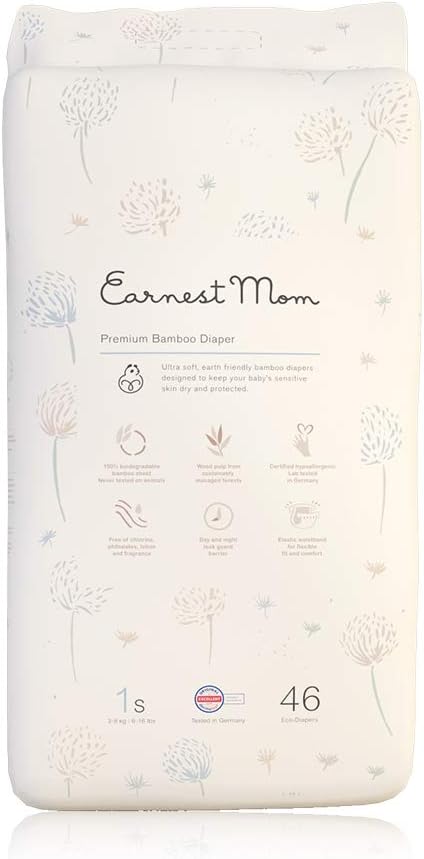 Earnest Mom Premium Bamboo Diapers - Eco-Friendly Disposable Diapers - Keeps Baby’s Sensitive Skin Dry and Protected, Size 1 (6-16 lbs), 46 Count (Small)