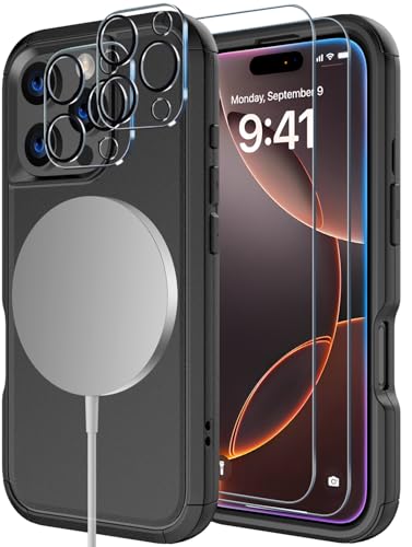 Image of Diverbox for iPhone 16 Pro Max Case [Compatible with MagSafe][Shockproof] [Dropproof][Tempered Glass Screen Protector + Camera Protectors] Heavy Duty Protection for iPhone 16 Pro Max (Magnetic Black)