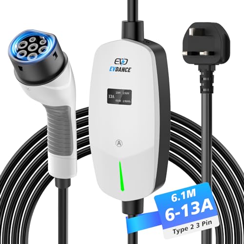 EVDANCE EV Charger Type 2 UK 3 Pin 20ft/6.1m [6/8/10/13A] Portable Electric Car Charger, Adjustable Current EV Charger with OLED Screen, IP66, Type 2 Charging Cable for EV & PHEV, White