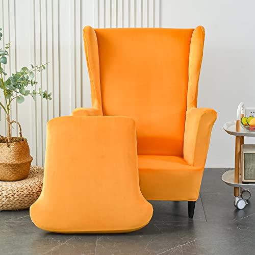 SHANNA Wingback Chair Cover Sofa Slipcover: 2 Piece Stretch Velvet Armchair Wing Chair Slipcovers with Cushion Cover Non-Slip Furniture Protector with Elastic Bottom for Wingback Chairs (C-Orange)